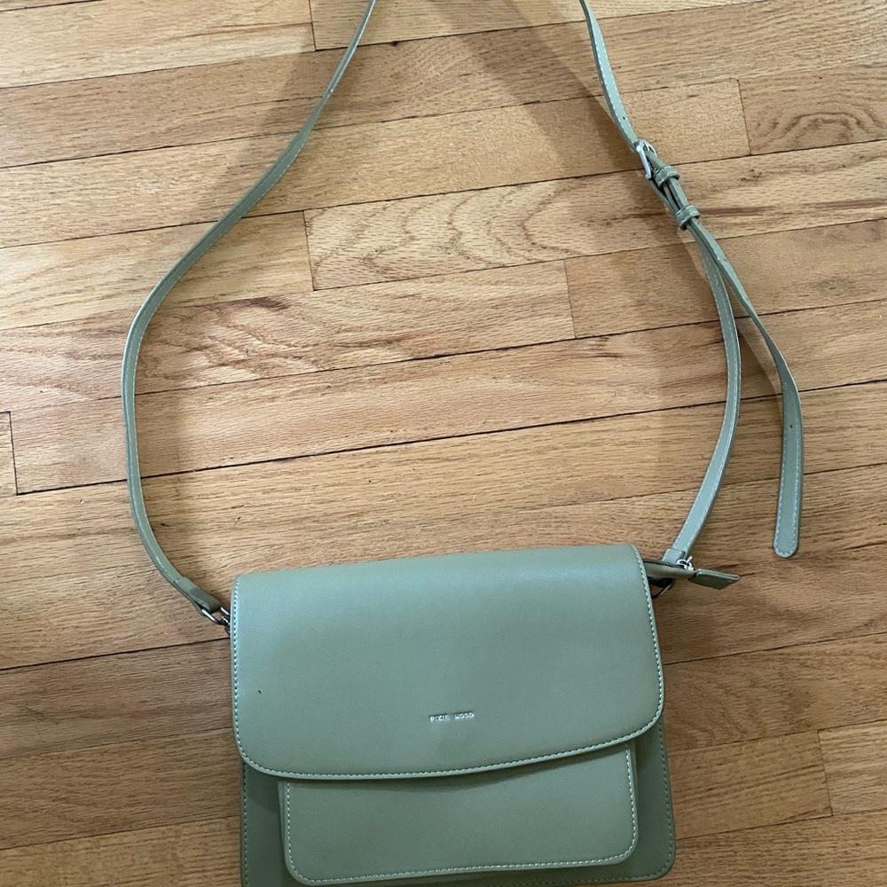 Green Pixie Mood brand vegan leather crossbody bag with adjustable straps